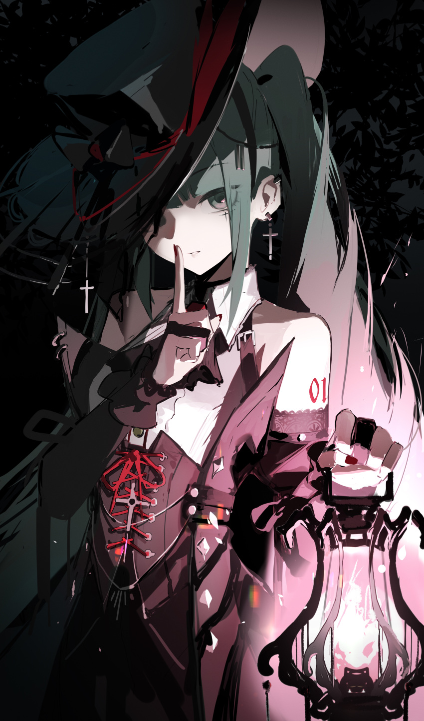1girl absurdres aqua_eyes aqua_hair bare_shoulders black_background black_dress black_headwear collared_dress commentary_request cross cross_earrings detached_sleeves dress earrings gloves gradient_hair hand_up hat hatsune_miku highres index_finger_raised jewelry jiu_ye_sang long_sleeves looking_at_viewer multicolored_hair number_tattoo partially_fingerless_gloves pink_hair solo tattoo twintails upper_body vocaloid