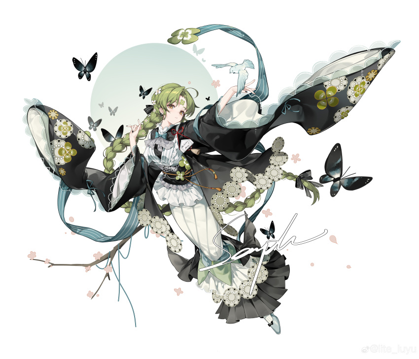 1girl absurdres ahoge bird black_butterfly black_nails black_shirt blue_bow blue_bowtie blue_shawl bow bowtie braid branch bug butterfly circle clover_facial_mark clover_print facial_mark floating_clothes flower forehead_mark full_body green_footwear green_hair grey_skirt hair_flower hair_ornament hands_up highres lite_luyu long_braid long_hair long_skirt long_sleeves looking_at_viewer low-braided_long_hair original outstretched_arm parted_bangs parted_lips pencil_skirt pink_flower sample_watermark shawl shirt single_braid skirt socks solo turning_head very_long_hair white_flower white_socks wide_sleeves yellow_eyes