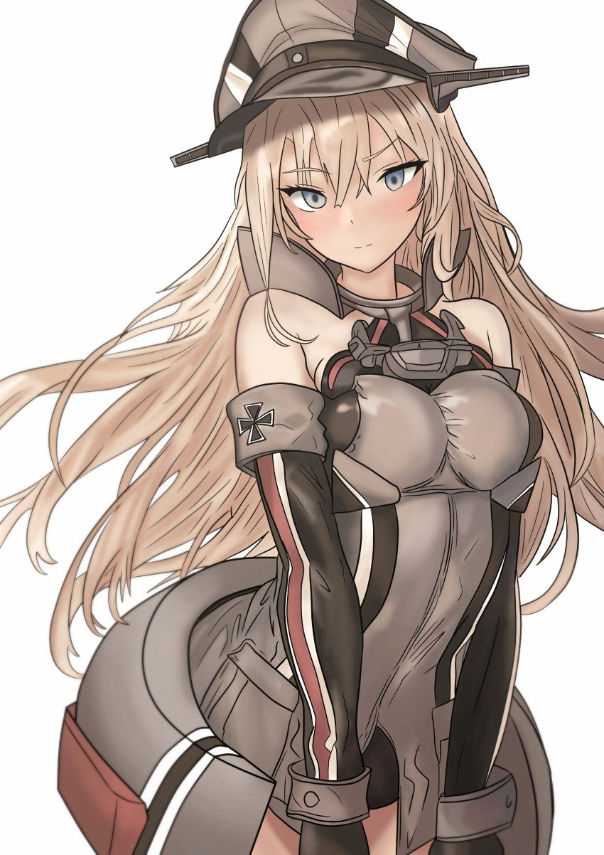 1girl absurdres anchor_choker bismarck_(kancolle) black_gloves blonde_hair blue_eyes breasts detached_sleeves elbow_gloves gloves grey_headwear hat highres kantai_collection large_breasts long_hair looking_at_viewer military_hat neon_p no_pants off_shoulder peaked_cap simple_background solo tsurime