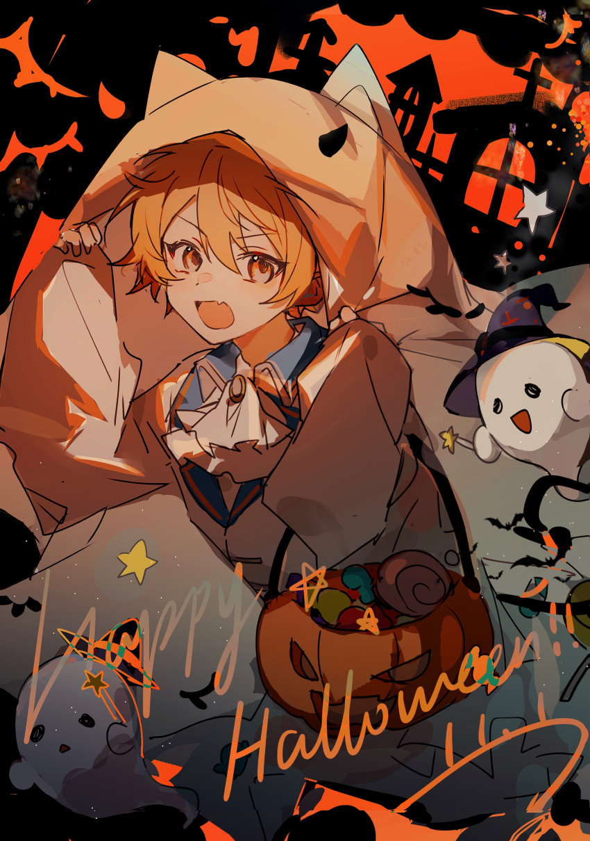 1boy absurdres ascot brooch candy collared_jacket fang food ghost ghost_costume gold_trim happy_halloween highres hisakawa_sora horns jack-o'-lantern jacket jewelry long_hair looking_at_viewer male_focus open_mouth project_sekai skin_fang solo star_(symbol) tenma_tsukasa very_long_hair white_ascot white_jacket wing_collar
