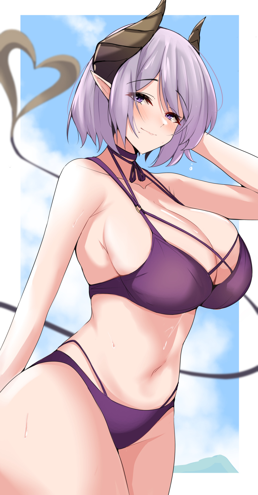 1girl absurdres breasts demon demon_girl demon_horns highres honey_strap horns large_breasts looking_at_viewer maruneco mature_female nanashi_inc. purple_hair saionji_mary swimsuit tail violet_eyes virtual_youtuber