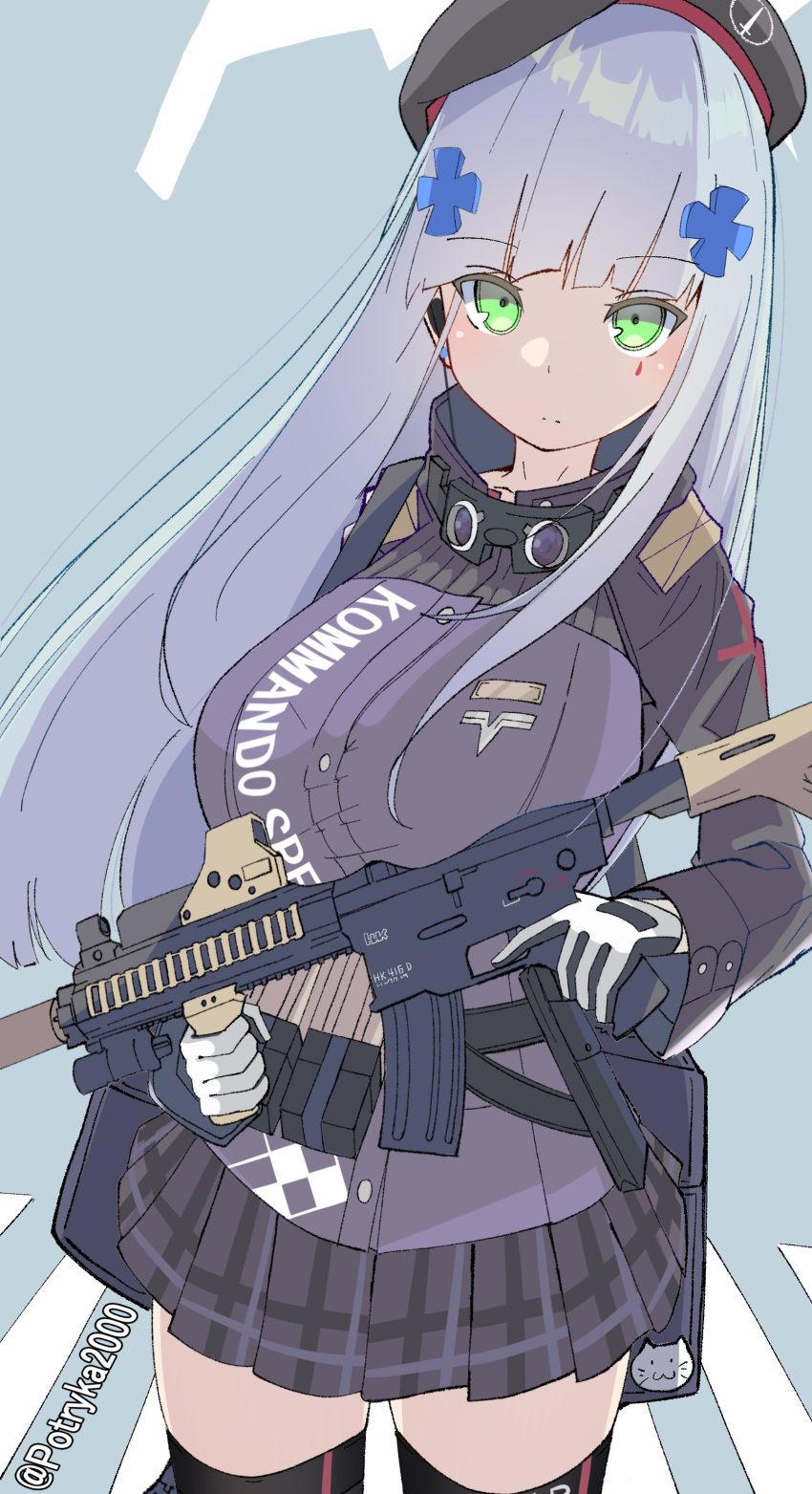 1girl absurdres assault_rifle bag beret breasts earphones girls_frontline green_eyes gun h&amp;k_hk416 hair_ornament hat highres hk416_(girls'_frontline) large_breasts long_hair looking_at_viewer pleated_skirt potryka2000 rifle simple_background skirt tactical_clothes teardrop_facial_mark thigh-highs weapon