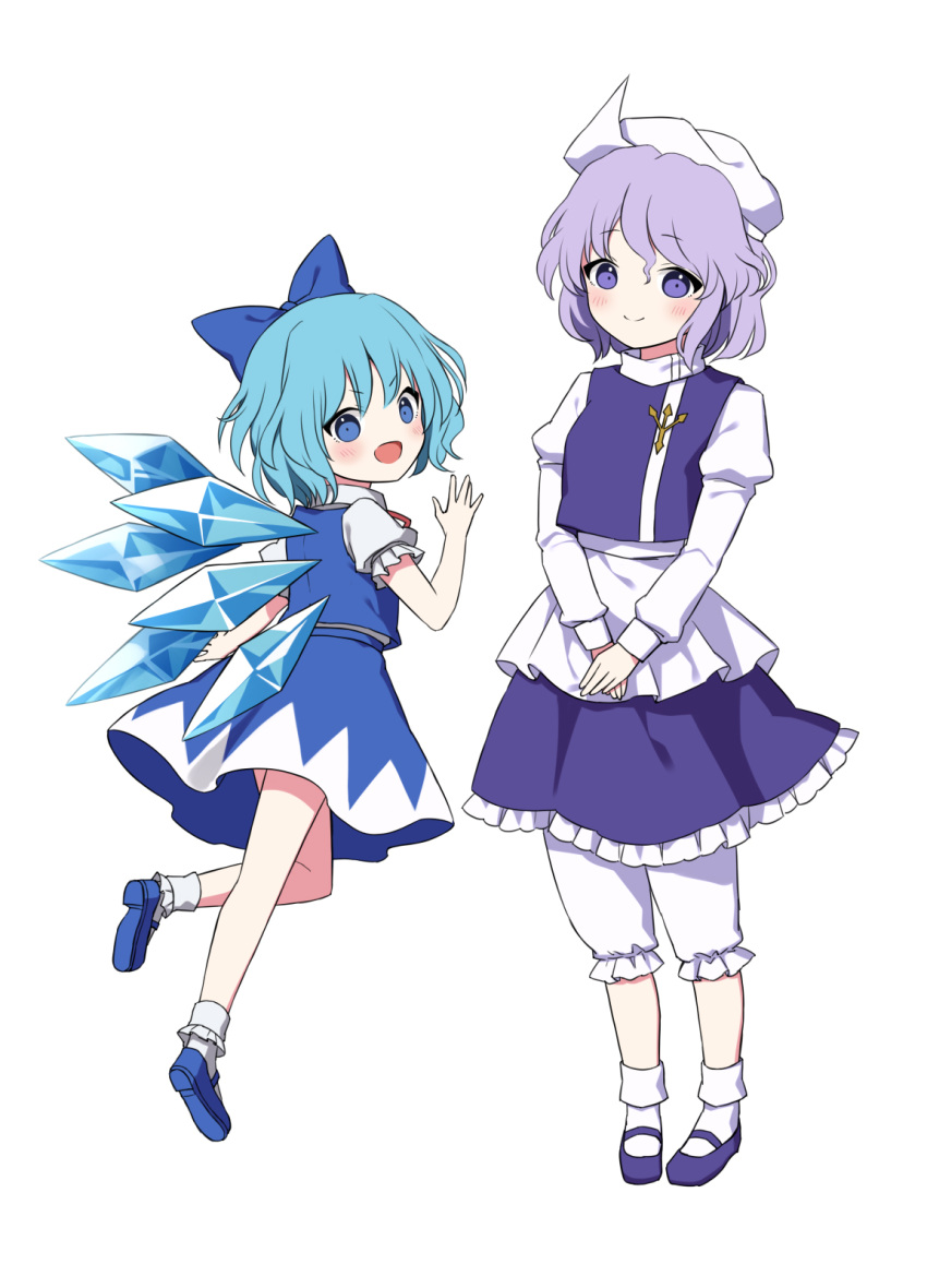 2girls blue_bow blue_eyes blue_footwear blue_hair blue_skirt blue_vest blush bow cirno closed_mouth fairy full_body hair_bow hat highres ice ice_wings lapel_pin letty_whiterock light_purple_hair long_sleeves mob_cap multiple_girls open_mouth perfect_cherry_blossom shirt shoes short_hair short_sleeves simple_background skirt smile socks suzuno_naru touhou vest white_background white_headwear white_shirt white_socks wings