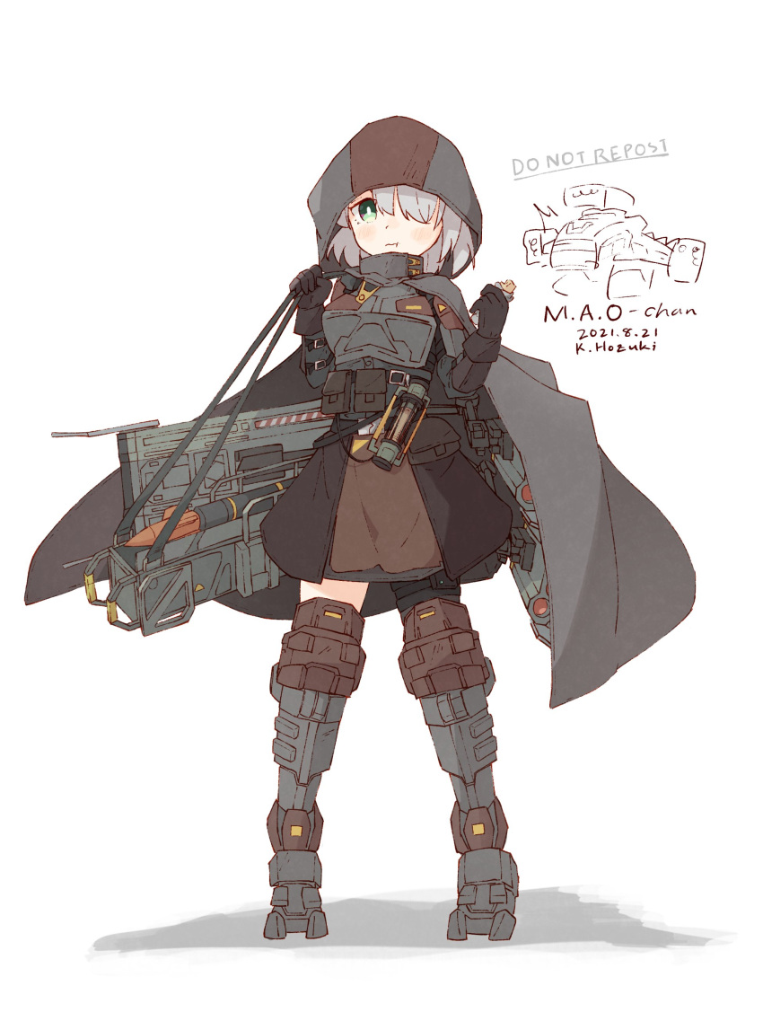 1girl absurdres armor battle_of_titans brown_skirt buckle cape carrying eating gloves green_eyes grey_hair hair_over_one_eye highres holding_snack hood hooded_cape hozukikasumi huge_weapon leg_armor m.a.o._(battle_of_titans) mecha_musume mechanical_legs mechanical_parts missile missile_pod plate_carrier shoulder_armor shoulder_carry skirt standing weapon white_background