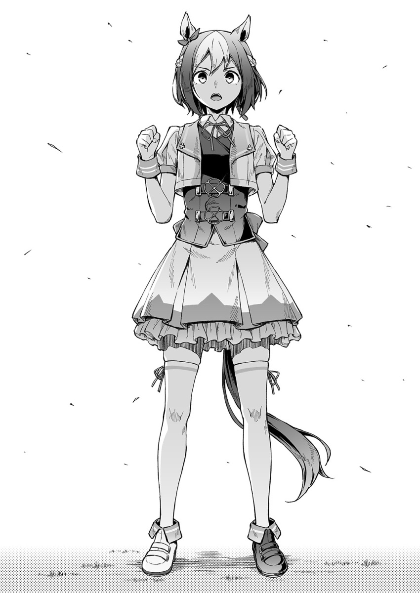 1girl :o animal_ears asymmetrical_footwear braid clenched_hands crop_top frilled_skirt frills full_body greyscale highres horse_ears horse_girl horse_tail kazushiki_midori loafers looking_at_viewer mismatched_footwear monochrome multicolored_hair shoes skirt solo special_week_(umamusume) tail thigh-highs two-tone_hair umamusume vest