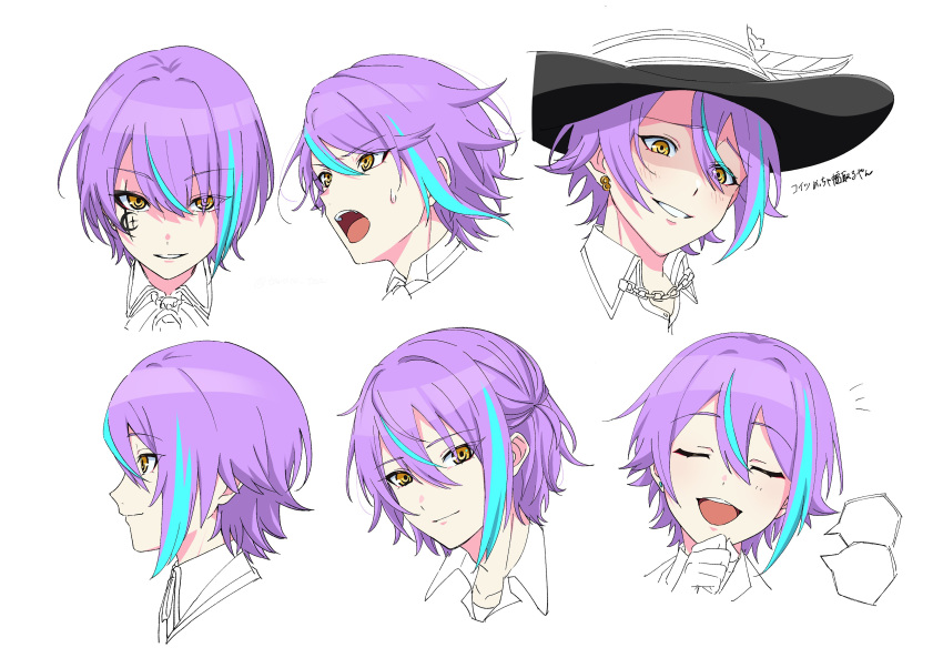 1boy absurdres blue_hair blush collared_shirt colorful_festival_(project_sekai) crescent crescent_facial_mark facial_mark grin hat highres junpaku_no_anata_e_chikai_no_uta_o!_(project_sekai) kamishiro_rui male_focus multicolored_hair official_style one_side_up open_mouth portrait project_sekai purple_hair revival_my_dream_(project_sekai) shirt sidelocks simple_background smile streaked_hair taro14_tea top_hat white_background yellow_eyes