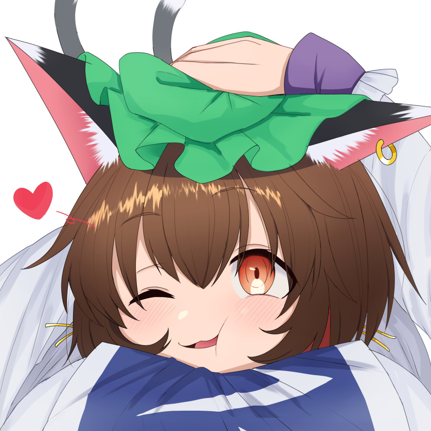 2girls absurdres animal_ear_fluff animal_ear_piercing animal_ears asakura_haru blush breasts brown_hair cat_ears cat_girl cat_tail cheek_press chen green_headwear hat heart highres looking_ahead lying lying_on_person mob_cap multiple_girls multiple_tails on_stomach one_eye_closed orange_eyes pov simple_background tail touhou two_tails white_background yakumo_ran