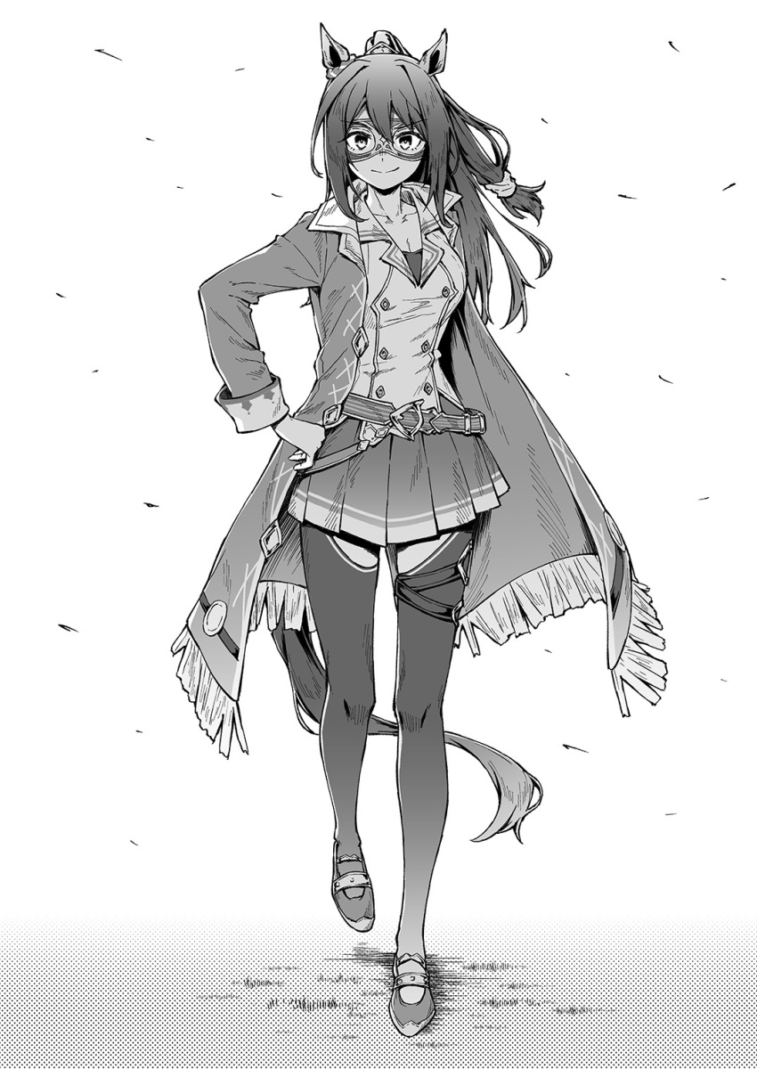 1girl animal_ears buttons coat domino_mask double-breasted ear_scrunchie el_condor_pasa_(umamusume) greyscale highres horse_ears horse_girl horse_tail kazushiki_midori long_hair looking_at_viewer mask monochrome pleated_skirt ponytail skirt solo tail thigh-highs umamusume undershirt