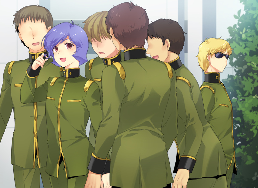6+boys artist_name blonde_hair brown_hair char_aznable crowd faceless faceless_male garma_zabi green_jacket green_pants gundam hair_twirling hand_in_own_hair high_collar jacket long_sleeves looking_at_another looking_back male_focus military_uniform mobile_suit_gundam_the_origin multiple_boys open_mouth outdoors p.kibi pants people playing_with_own_hair purple_hair short_hair signature smile standing sunglasses uniform violet_eyes