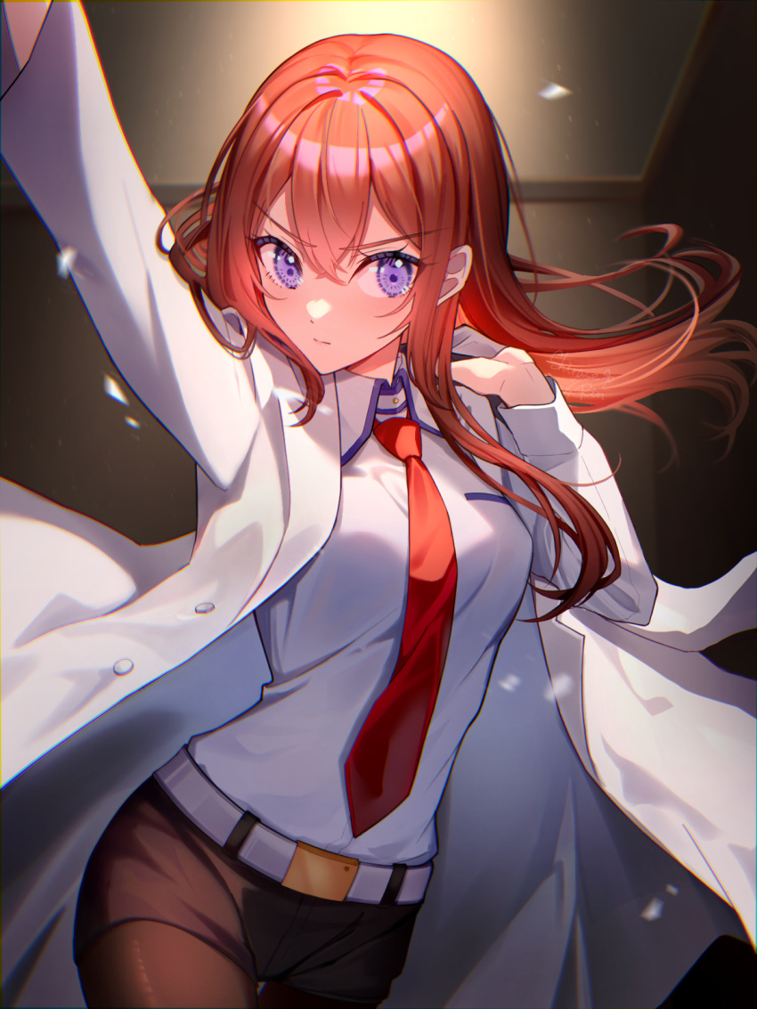 1girl arm_up belt belt_buckle black_pantyhose black_shorts buckle closed_mouth coat collared_shirt crossed_bangs double-parted_bangs dress_shirt floating_hair hair_between_eyes hand_up highres indoors lab_coat long_hair long_sleeves looking_at_viewer makise_kurisu necktie open_clothes open_coat pantyhose red_necktie redhead shirase_rin shirt shorts solo steins;gate v-shaped_eyebrows violet_eyes white_belt white_coat white_shirt