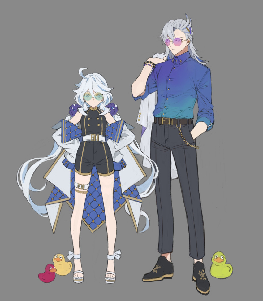 1boy 1girl alternate_costume belt black_footwear black_pants blue_shirt bracelet closed_mouth earrings full_body furina_(genshin_impact) genshin_impact grey_background grey_hair hand_in_pocket hands_on_own_hips height_difference highres jacket jewelry long_hair looking_at_viewer multicolored_hair neuvillette_(genshin_impact) off_shoulder open_clothes open_jacket pants papajay_(jennygin2) round_eyewear rubber_duck shirt shirt_tucked_in shoes simple_background standing sunglasses thigh_strap very_long_hair white_belt white_footwear