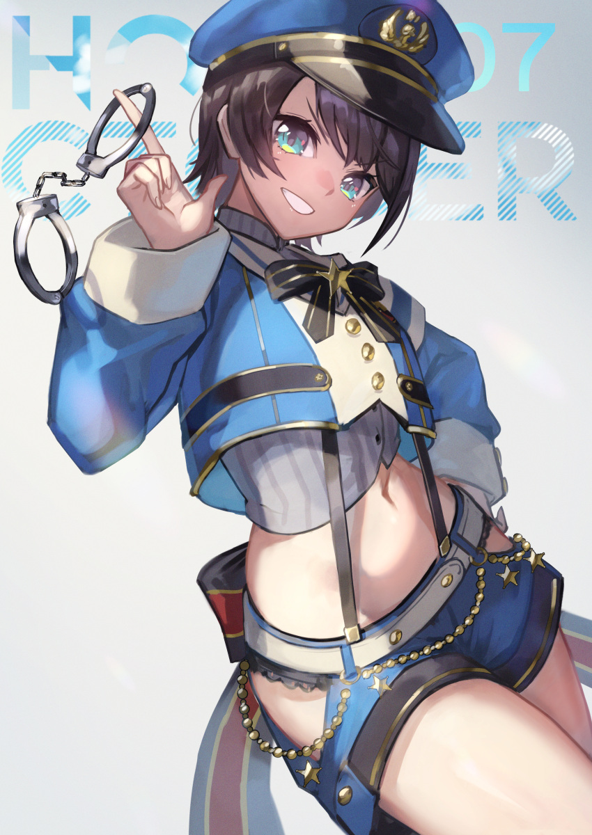 1girl absurdres blue_eyes blue_shorts bow brown_hair crop_top cropped_jacket cuffs english_text grin hand_on_own_hip handcuffs hat highres holding holding_handcuffs hololive looking_at_viewer midriff navel oozora_subaru open_mouth petcha_the_o police police_hat police_uniform policewoman short_hair shorts sidelighting smile solo stomach suspender_shorts suspenders tomboy uniform white_background