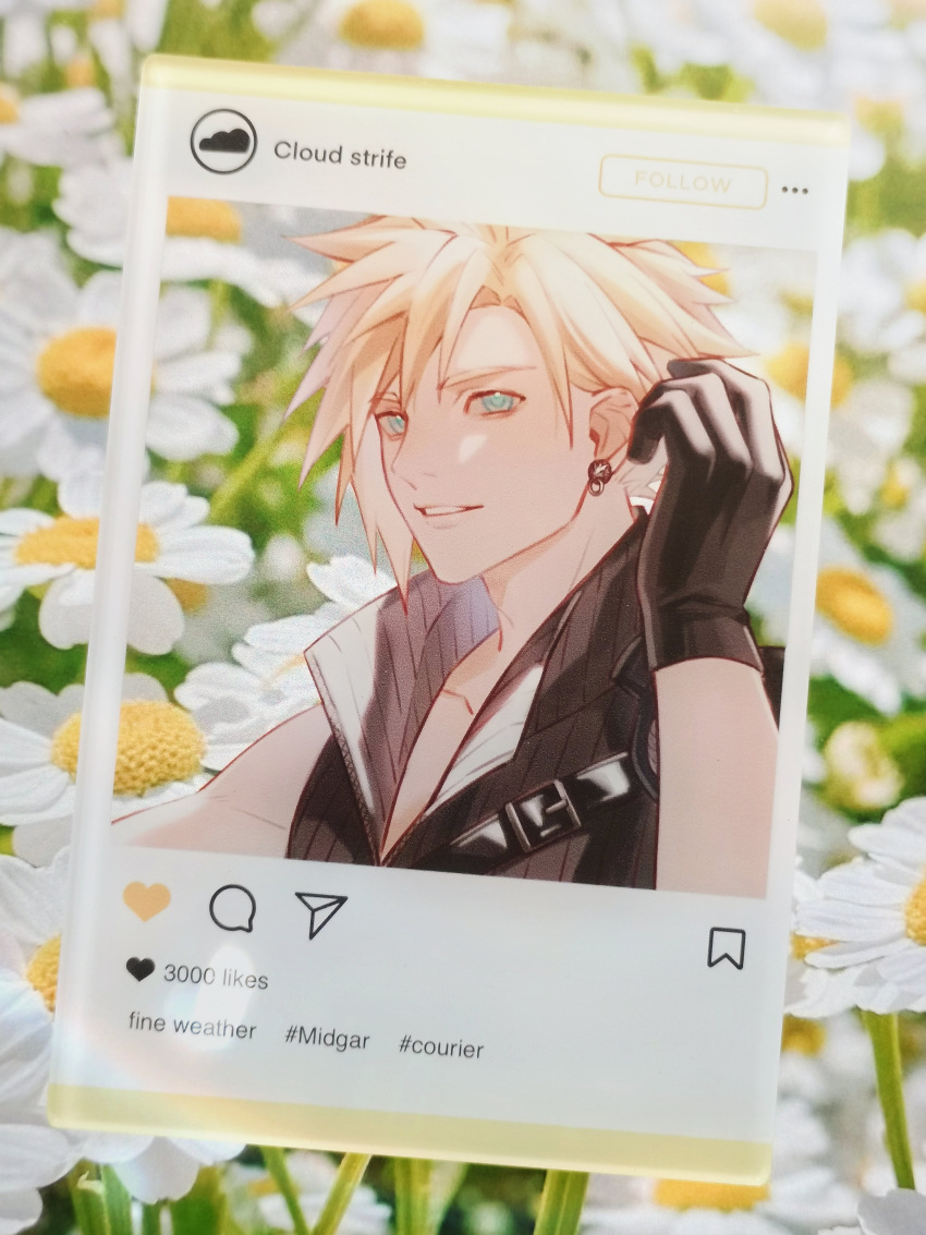 1boy absurdres aqua_eyes armor black_gloves blonde_hair cloud_strife earrings final_fantasy final_fantasy_vii final_fantasy_vii_advent_children flower gloves hand_in_own_hair hao_xiang_yishui_bu_xing highres instagram jewelry male_focus parted_lips photo_background popped_collar shirt short_hair single_earring sleeveless sleeveless_shirt smile solo spiky_hair white_flower