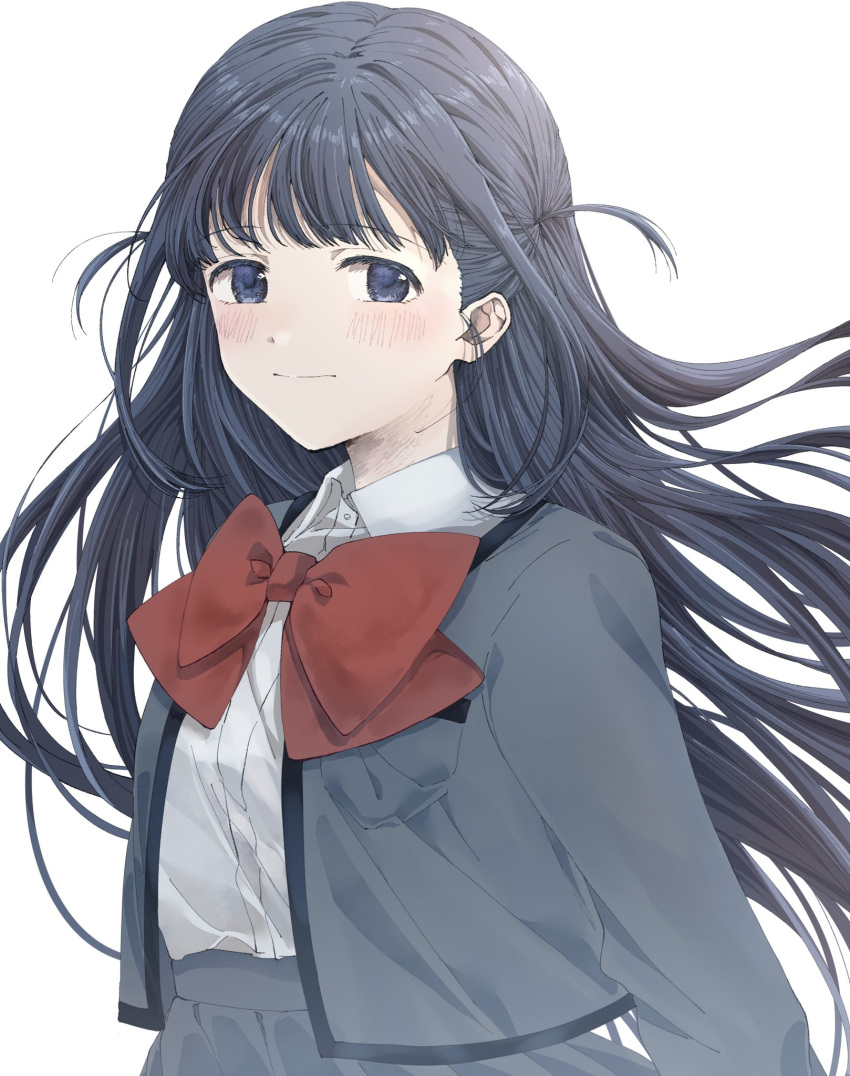 1girl arm_at_side black_hair blue_eyes blush bow bowtie closed_mouth collared_shirt floating_hair grey_jacket grey_skirt high-waist_skirt highres jacket long_hair long_sleeves looking_at_viewer nori_(cheiwbciwkxbdjr) open_clothes open_jacket pleated_skirt red_bow red_bowtie school_uniform seishou_music_academy_uniform shirt shoujo_kageki_revue_starlight simple_background skirt solo standing tsuyuzaki_mahiru two_side_up upper_body very_long_hair white_background white_shirt