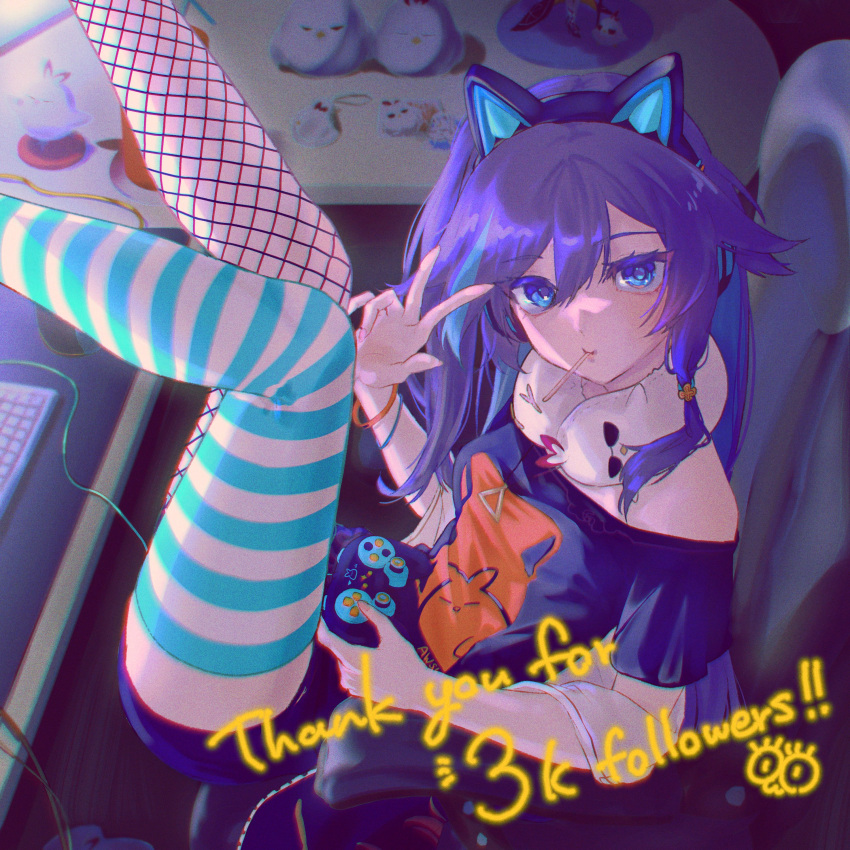 1girl absurdres alternate_costume animal_ear_headphones animal_ears bird black_shirt blue_eyes cat_ear_headphones chair controller desk english_commentary english_text fake_animal_ears fishnets fu_hua game_controller grey_hair headphones highres holding holding_controller holding_game_controller honkai_(series) honkai_impact_3rd hyourou_m indoors keyboard_(computer) legs_up looking_at_viewer milestone_celebration shirt single_thighhigh sitting solo thigh-highs v
