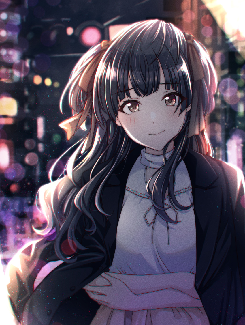 1girl absurdres backlighting black_hair black_jacket blunt_bangs blush bow breasts brown_eyes cityscape closed_mouth crossed_arms dot_nose grey_shirt hair_bow hair_ribbon highres idolmaster idolmaster_shiny_colors jacket jacket_on_shoulders kusaka_io lens_flare light_particles long_hair long_sleeves looking_at_viewer mayuzumi_fuyuko medium_breasts night open_clothes open_jacket outdoors ribbon shirt skirt smile solo standing traffic_light two_side_up upper_body yellow_ribbon yellow_skirt