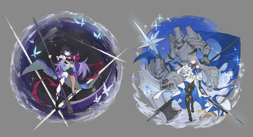 2girls absurdres arm_scarf armor axe black_hair boots breasts bronya_rand bug butterfly closed_mouth dress drill_hair full_body grey_background grey_hair highres holding holding_scythe holding_weapon honkai:_star_rail honkai_(series) long_hair multicolored_hair multiple_girls papajay_(jennygin2) purple_hair scythe seele_(honkai:_star_rail) simple_background sparkle thigh_boots very_long_hair weapon