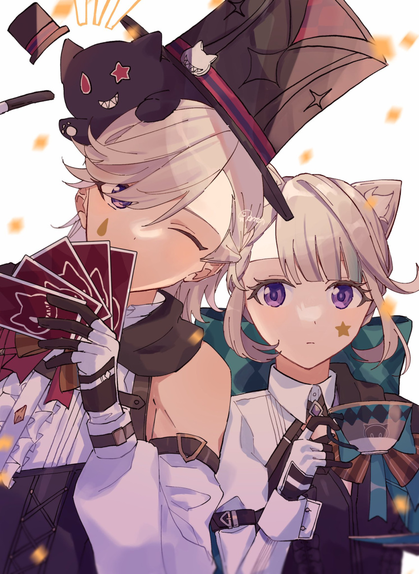 1boy 1girl animal_ears bare_shoulders black_leotard blue_bow bow cat_ears closed_mouth cup detached_sleeves genshin_impact grey_hair hair_bow highres holding holding_cup holding_plate juliet_sleeves leotard long_sleeves looking_at_viewer lynette_(genshin_impact) lyney_(genshin_impact) multicolored_hair one_eye_closed pinky_out plate puffy_long_sleeves puffy_sleeves shirt sidelocks streaked_hair teacup violet_eyes white_shirt zu_tonatuyasumi