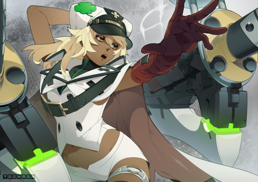 1girl 700hash absurdres bandaged_arm bandages blonde_hair breasts clover dark-skinned_female dark_skin floating floating_object floating_sword floating_weapon four-leaf_clover guilty_gear guilty_gear_strive hair_between_eyes highres long_hair looking_to_the_side medium_breasts open_mouth orange_eyes ramlethal_valentine short_shorts shorts sword thigh_strap weapon white_headwear white_shorts