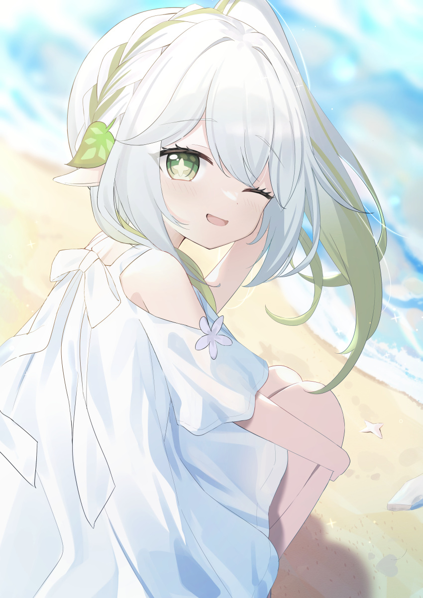 1girl ;d absurdres alternate_costume beach braid commentary_request cross-shaped_pupils day dot_nose dress from_above from_behind genshin_impact gradient_hair green_eyes green_hair hair_ornament highres leaf_hair_ornament light_blush long_hair looking_at_viewer mogumogumo_0 multicolored_hair nahida_(genshin_impact) ocean one_eye_closed open_mouth outdoors pointy_ears sand side_braid side_ponytail smile solo squatting starfish sundress symbol-shaped_pupils water white_dress white_hair