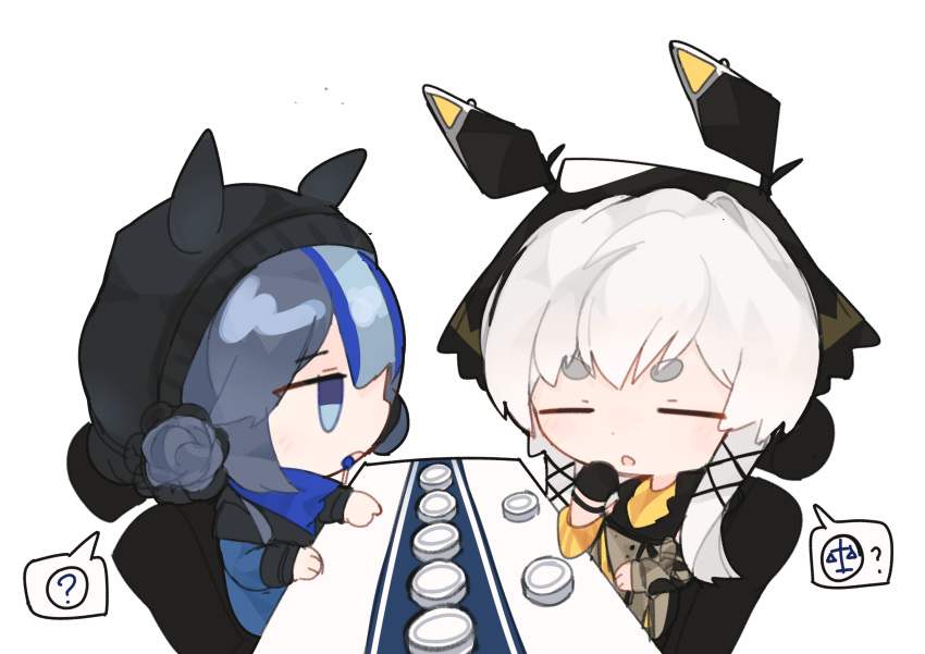 2girls :o ? animal_ears animal_hat arknights bandana beanie black_gloves black_headwear blue_eyes blue_hair blue_jacket brown_shirt chibi closed_eyes commentary_request fake_animal_ears food_in_mouth glaucus_(arknights) gloves grey_hair hat highres jacket long_sleeves multicolored_hair multiple_girls parted_lips shirt shixietianhen short_eyebrows simple_background single_glove sleeves_past_wrists spoken_question_mark thick_eyebrows two-tone_hair upper_body weedy_(arknights) white_background white_hair