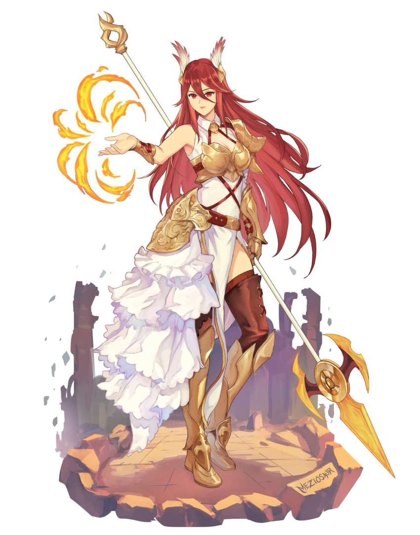 1girl alternate_costume armor armored_boots armored_dress artist_name boobplate boots closed_mouth commentary commission cordelia_(fire_emblem) dress english_commentary fire fire_emblem fire_emblem_awakening frilled_dress frills full_body gauntlets hair_between_eyes head_wings highres holding holding_polearm holding_weapon lips long_hair meziosaur pauldrons pelvic_curtain pink_lips plackart polearm pyrokinesis red_eyes redhead shoulder_armor single_gauntlet single_pauldron solo spear very_long_hair weapon white_dress wings
