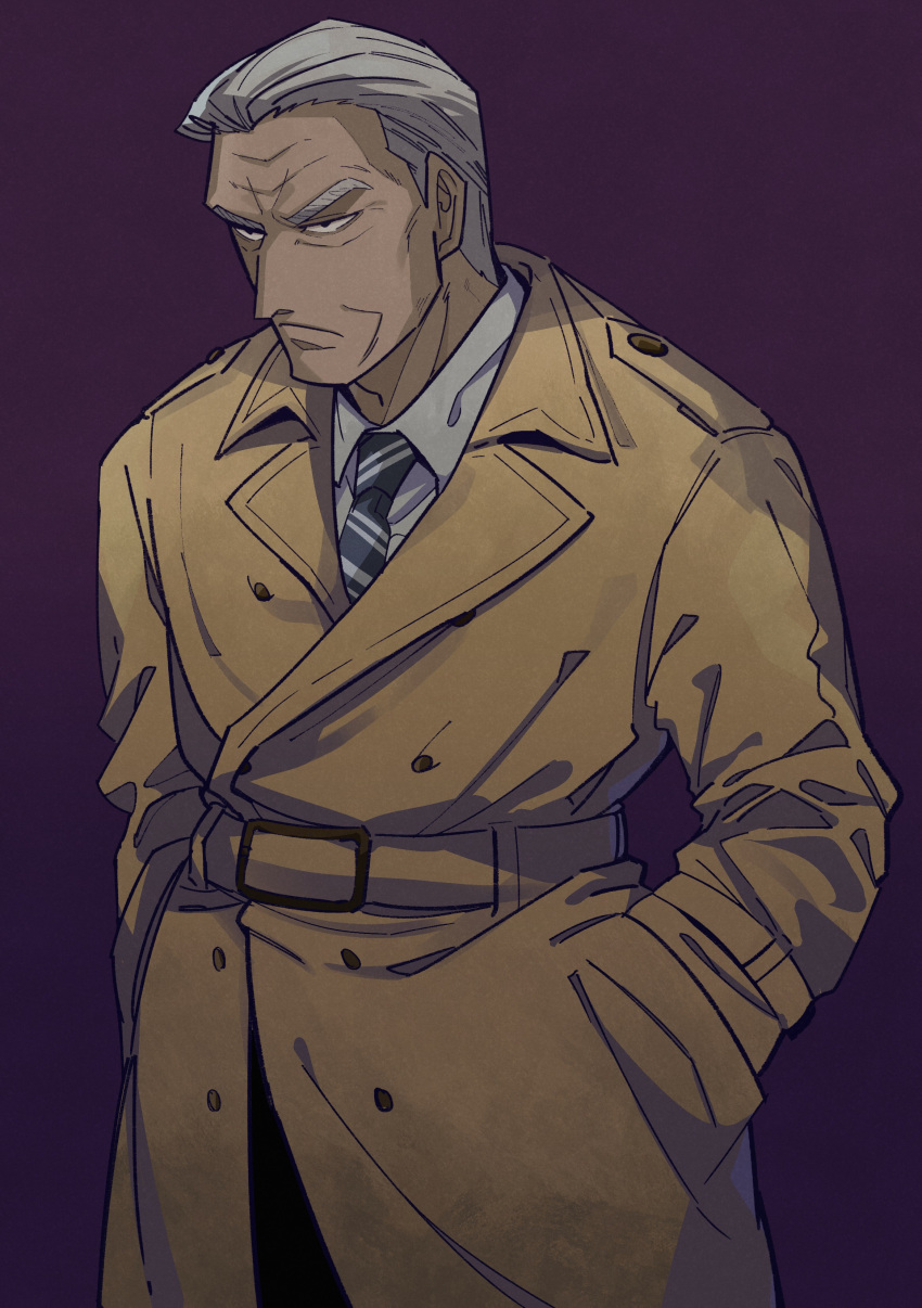 1boy absurdres black_eyes buttons closed_mouth collared_shirt commentary_request cowboy_shot frown grey_hair grey_necktie hands_in_pockets highres inudori kaiji long_sleeves male_focus necktie old old_man purple_background shirt short_hair simple_background solo tonegawa_yukio v-shaped_eyebrows white_shirt
