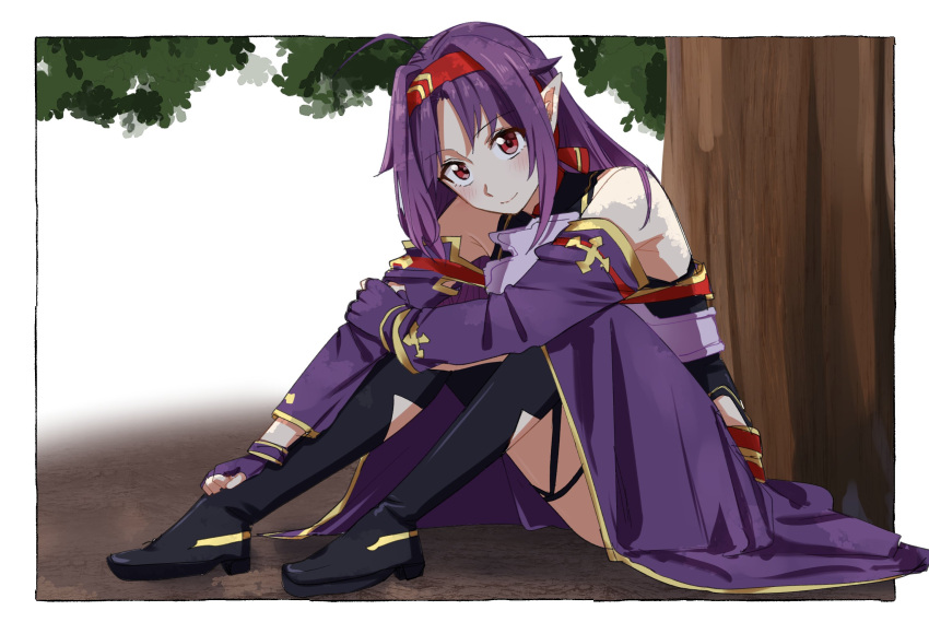 1girl ahoge armor bare_shoulders boots border breastplate detached_sleeves fairy_(sao) full_body hairband highres long_hair looking_at_viewer nemu_(46_2367teimei) outside_border pointy_ears purple_armor purple_hair red_eyes red_hairband sitting smile solo sword_art_online thigh_boots tree white_border yuuki_(sao)