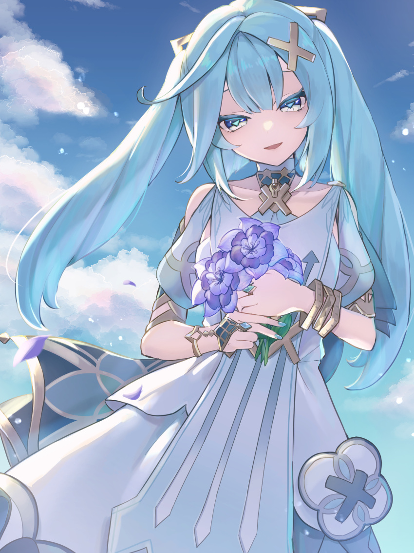1girl absurdres aqua_hair aqua_nails bare_shoulders blue_sky blush bracelet clothing_cutout clouds commentary_request cowlick dress faruzan_(genshin_impact) flower genshin_impact hair_ornament highres holding holding_flower jewelry long_hair looking_at_viewer neck_ring petals purple_flower shoulder_cutout sky sleeveless sleeveless_dress smile solo standing symbol-shaped_pupils triangle-shaped_pupils tsurime twintails upper_body ura_(hamburg_oniku) white_dress wristlet x_hair_ornament
