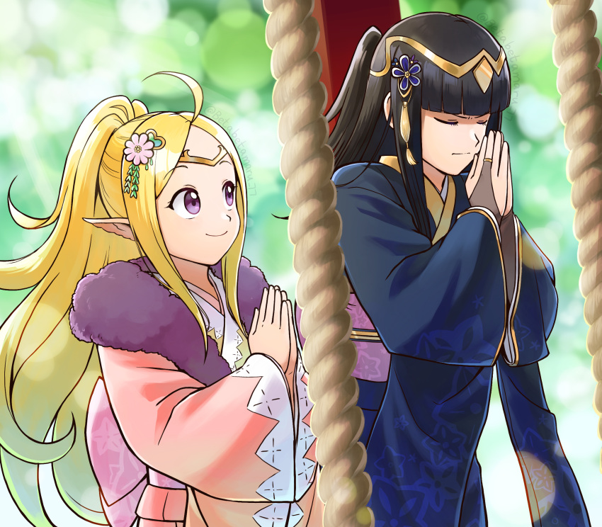 2girls alternate_costume betabetamaru black_hair blonde_hair bridal_gauntlets closed_eyes commission fire_emblem fire_emblem_awakening gradient_hair grey_hair heart highres japanese_clothes kimono multicolored_hair multiple_girls nowi_(fire_emblem) own_hands_together pointy_ears ponytail praying short_twintails skeb_commission smile tharja_(fire_emblem) twintails violet_eyes