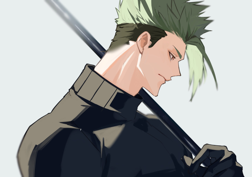 1boy achilles_(fate) armor blurry brown_eyes closed_mouth depth_of_field fate/grand_order fate_(series) green_hair grey_background haruakira highres holding holding_polearm holding_weapon male_focus polearm short_hair simple_background solo upper_body weapon