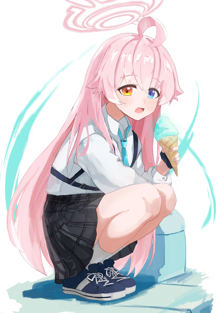 1girl absurdres ahoge black_skirt blue_archive blue_eyes blue_footwear blue_necktie chest_harness collared_shirt fang food halo harness heterochromia highres holding holding_food holding_ice_cream hoshino_(blue_archive) ice_cream long_hair long_sleeves looking_at_viewer mbkona necktie open_mouth orange_eyes pink_hair plaid plaid_skirt shirt shirt_tucked_in shoes simple_background skirt sneakers socks solo squatting white_background white_socks