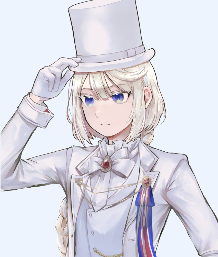 1boy absurdres blonde_hair blue_eyes bow bowtie braid braided_ponytail formal frilled_shirt_collar frills gloves hand_on_headwear hat highres lapel_pin lapels long_hair long_sleeves male_focus mclw_suisei parted_lips peaked_lapels shirt sidelocks simple_background single_braid solo suit tokyo_afterschool_summoners top_hat tuaring_(housamo) upper_body vest white_bow white_bowtie white_gloves white_headwear white_shirt white_suit
