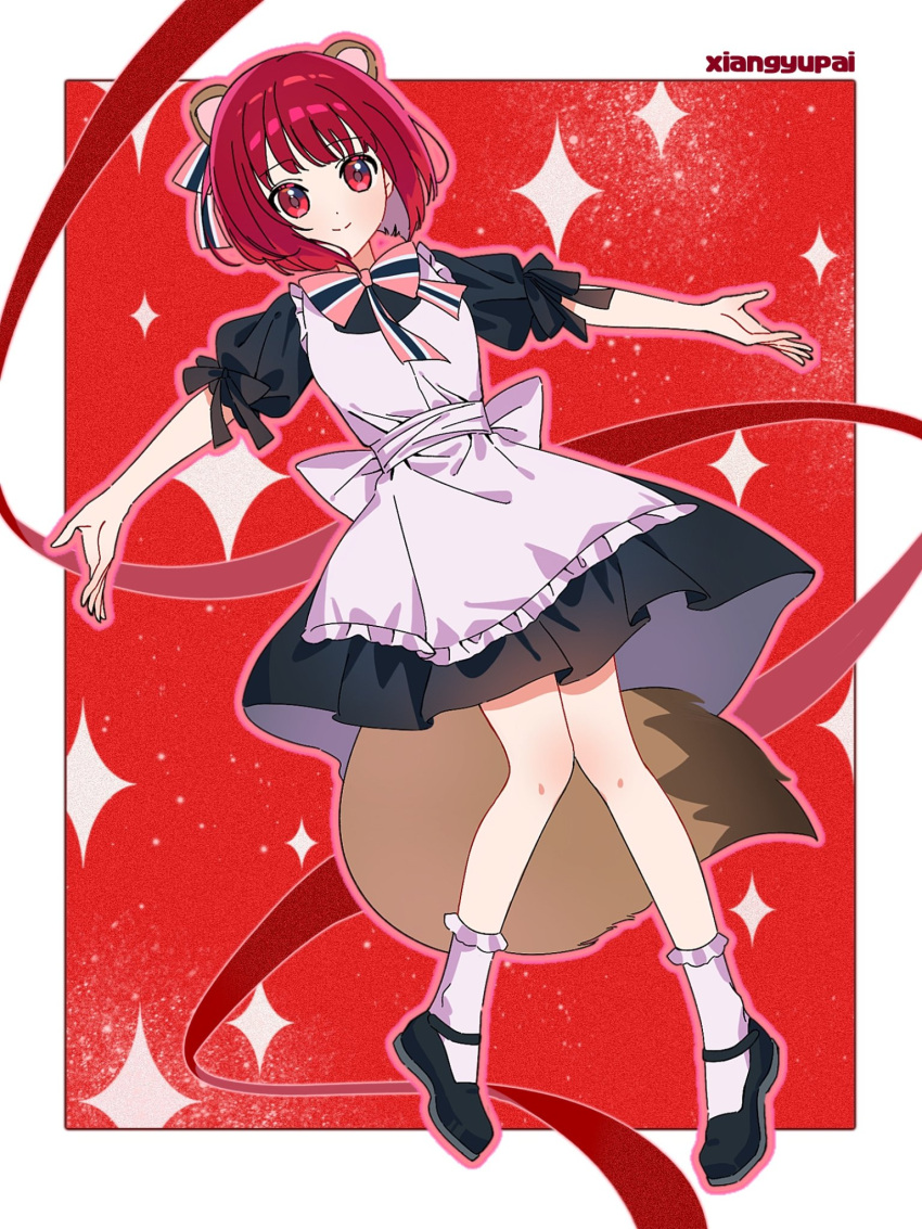 1girl animal_ears apron arima_kana black_dress black_footwear bob_cut dress full_body happy highres inverted_bob lace lace_trim looking_at_viewer maid maid_headdress mary_janes oshi_no_ko red_background red_eyes redhead ribbon shoes short_hair smile socks solo squirrel_ears squirrel_girl squirrel_tail star_(symbol) tail white_apron white_socks xiang_yu_pai