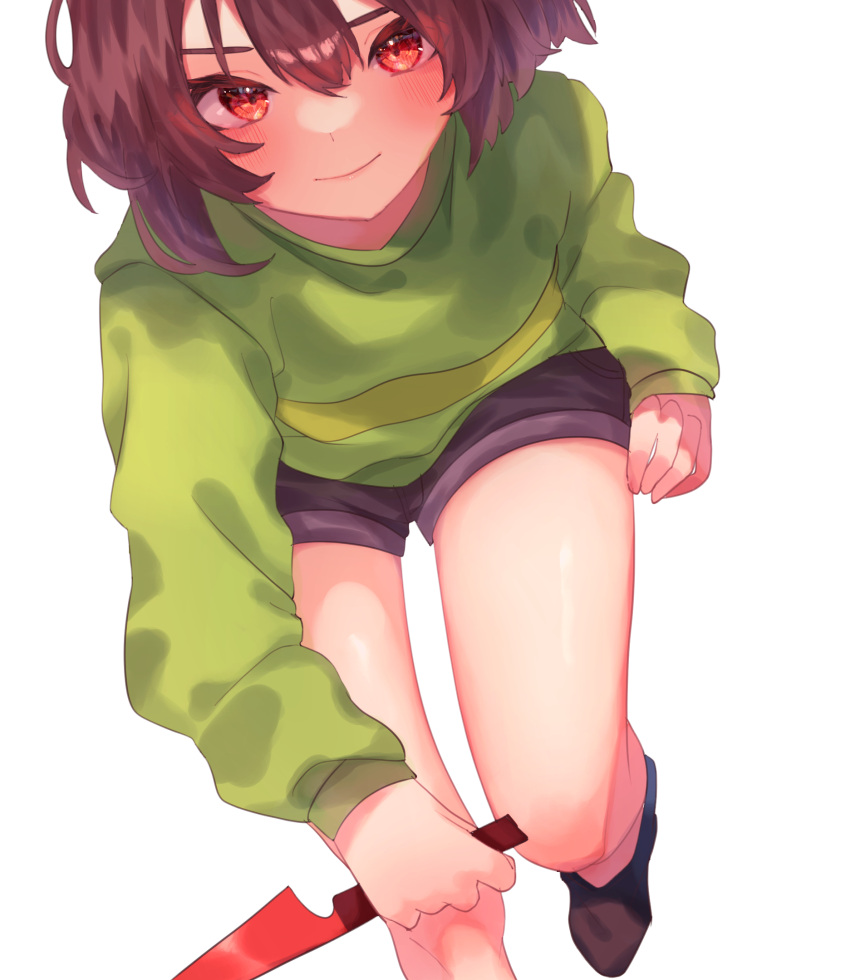 1other androgynous bent_over blush bob_cut brown_footwear brown_hair brown_shorts chara_(undertale) closed_eyes commentary dutch_angle foot_out_of_frame foot_up godouyu_(neisukun) green_sweater hair_between_eyes highres holding holding_knife knife leaning_forward long_sleeves looking_at_viewer red_eyes reverse_grip running short_hair short_shorts shorts simple_background single_horizontal_stripe smile solo sweater two-tone_sweater undertale v-shaped_eyebrows white_background