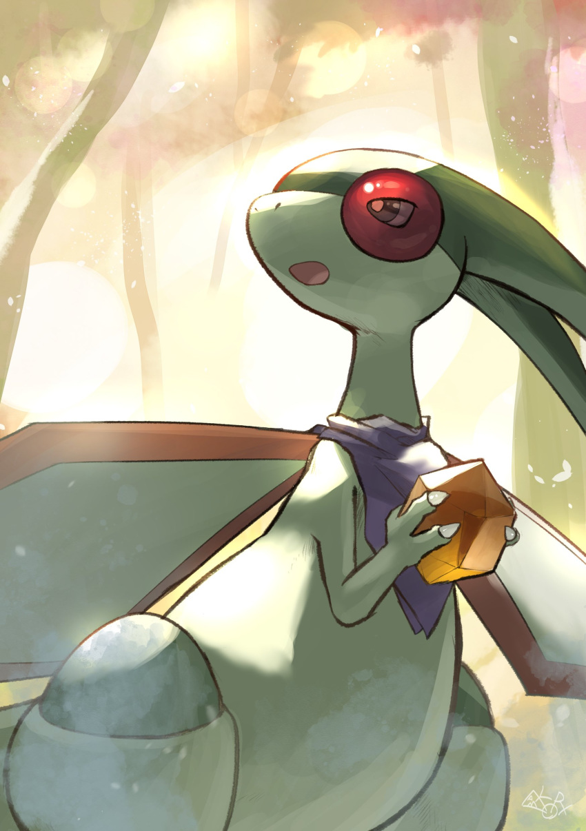 absurdres flygon gem hakkentai_pokedan highres holding holding_gem no_humans open_mouth outdoors pokemon pokemon_(creature) solo yellow_gemstone