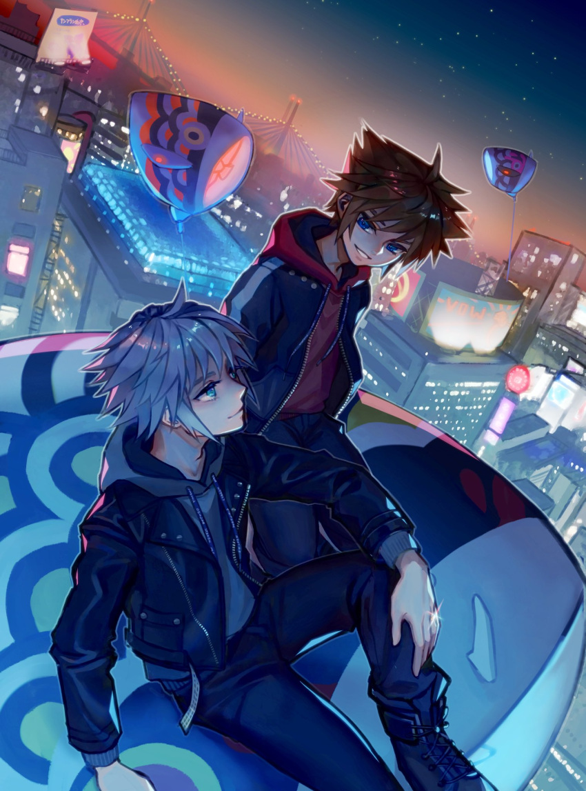 2boys aqua_eyes black_jacket black_pants blue_eyes boots brown_hair city city_lights cityscape closed_mouth dddagneo grey_hair highres hood hood_down hooded_jacket jacket kingdom_hearts kingdom_hearts_iii leather leather_jacket light_smile long_sleeves looking_at_another male_focus multiple_boys pants parted_lips riku_(kingdom_hearts) short_hair smile sora_(kingdom_hearts) spiky_hair