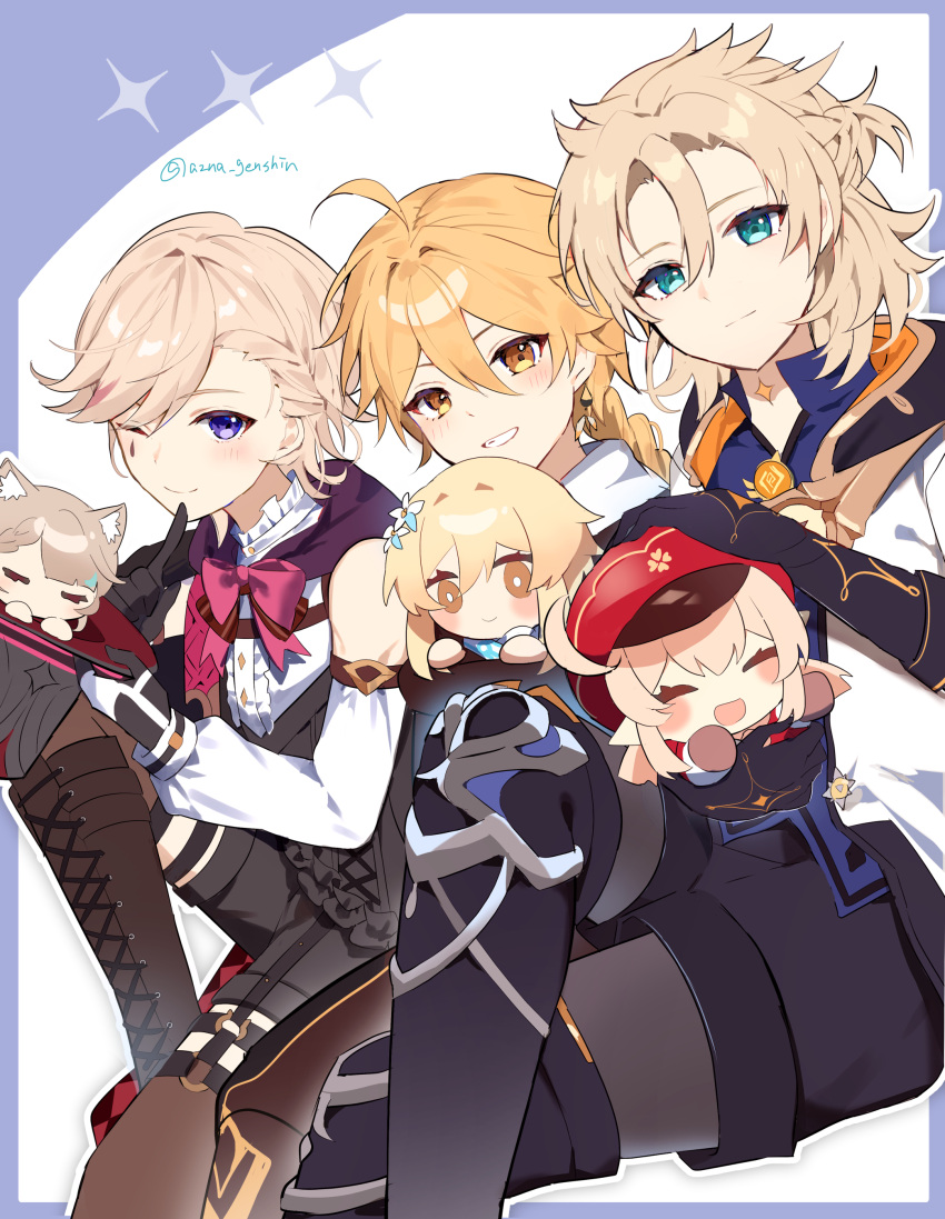 3boys 3girls absurdres aether_(genshin_impact) ahoge albedo_(genshin_impact) animal_ears azna bare_shoulders black_footwear black_gloves black_headwear blonde_hair blue_eyes blue_shirt blush boots bow bowtie braid braided_ponytail brother_and_sister cabbie_hat cat_ears cat_girl chibi child closed_eyes closed_mouth clover coat commentary_request corset cross-laced_footwear detached_sleeves earrings facial_mark finger_to_mouth flower genshin_impact gloves gold_trim hair_between_eyes hair_flower hair_ornament hat highres holding holding_clothes holding_hat hooded_coat jewelry klee_(genshin_impact) lace-up_boots light_brown_hair long_sleeves looking_at_viewer low_twintails lumine_(genshin_impact) lynette_(genshin_impact) lyney_(genshin_impact) medium_hair multiple_boys multiple_girls one_eye_closed open_mouth orange_eyes pink_bow pink_bowtie pointy_ears red_headwear ribbon scar scar_on_neck scarf shirt short_hair short_hair_with_long_locks siblings sidelocks single_braid single_earring sitting sleeping sleeveless smile teardrop teardrop_facial_mark teeth top_hat twintails two-tone_gloves violet_eyes vision_(genshin_impact) white_coat white_flower white_scarf white_shirt yellow_eyes