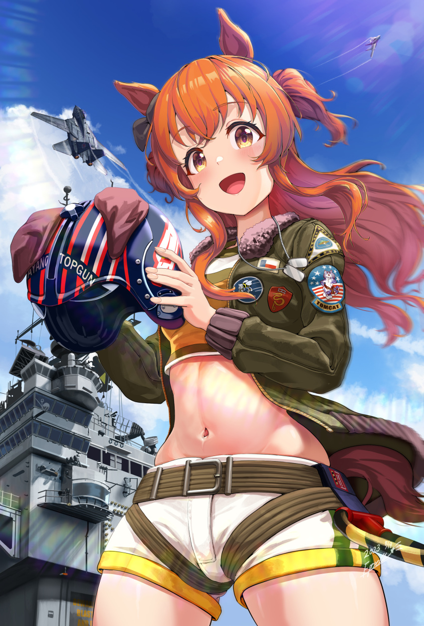1girl absurdres aircraft airplane animal_ears blue_sky clouds cloudy_sky commentary_request day estrella_(uypu4574) fighter_jet green_jacket headwear_removed helmet helmet_removed highres holding holding_helmet horse_ears horse_girl horse_tail jacket jet long_hair long_sleeves looking_at_viewer mayano_top_gun_(umamusume) military_vehicle navel open_clothes open_jacket open_mouth outdoors shorts sky smile solo standing sunlight tail umamusume