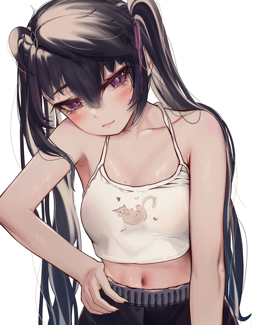 1girl ahoge bare_shoulders black_hair black_nails black_shorts blush breasts closed_mouth dolphin_shorts hair_between_eyes hair_ribbon hand_on_own_hip highres long_hair looking_at_viewer loose_hair_strand mole mole_on_breast nail_polish original priite_hari_(torriet) purple_ribbon ribbon shirt shorts simple_background sleeveless sleeveless_shirt smile solo standing torriet twintails upper_body violet_eyes white_background