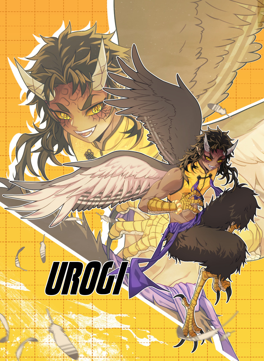 1boy absurdres animal_feet animal_hands bird_legs bird_wings brown_feathers brown_hair brown_wings claws colored_sclera cropped_shirt dark-skinned_male dark_skin demon_boy digitigrade fangs feathered_wings feathers flying full_body grey_horns grid_background harpy_boy highres horns kimetsu_no_yaiba long_hair looking_at_viewer male_focus mandarin_collar monster_boy open_mouth p_ryto pointy_ears shirt sleeveless talons text_in_eyes urogi_(kimetsu_no_yaiba) veins wings yellow_background yellow_eyes yellow_sclera yellow_shirt zoom_layer