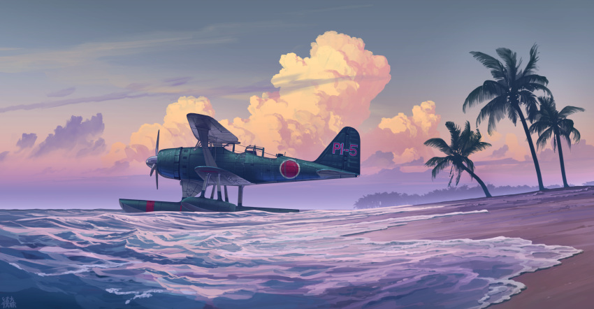 aircraft airplane beach biplane clouds day highres imperial_japanese_navy mitsubishi_f1m_pete no_humans ocean ogata_tank original outdoors palm_tree pontoon propeller roundel seaplane tree vehicle_focus waves