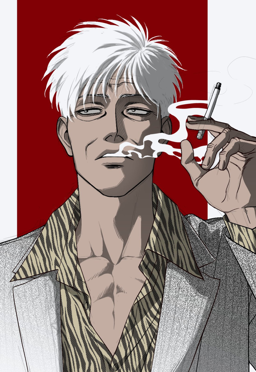 1boy blowing_smoke cigarette dark-skinned_male dark_skin for_kyrat grey_eyes hand_up highres holding holding_cigarette long_sleeves male_focus mature_male old old_man red_background short_hair smoking solo two-tone_background upper_body white_hair