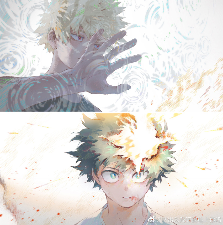 2boys bakugou_katsuki bare_shoulders blonde_hair blood blood_on_face blurry blurry_foreground boku_no_hero_academia bright_pupils chinese_commentary closed_mouth dried_blood film_grain freckles green_eyes green_hair hair_between_eyes hand_up highres looking_ahead looking_at_viewer male_focus midoriya_izuku multiple_boys open_hand outstretched_hand parted_lips red_eyes rika_(rika_ktdk) sanpaku shirt short_hair sleeveless spiky_hair split_screen tank_top v-shaped_eyebrows weibo_logo weibo_username white_background white_pupils