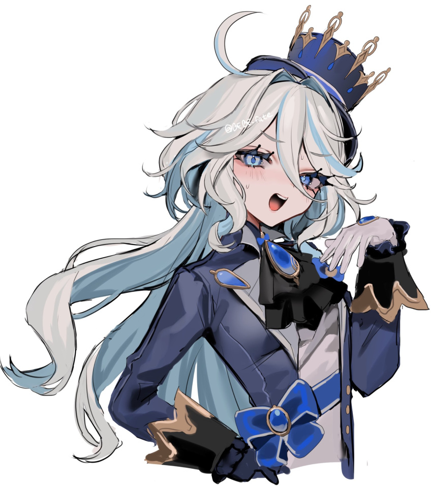 1girl ahoge ascot asymmetrical_gloves bebe_(bebe_pp) black_ascot black_gloves blue_eyes blue_gemstone blue_hair blue_headwear blue_jacket blush brooch commentary_request cowlick drop-shaped_pupils furina_(genshin_impact) gem genshin_impact gloves hair_between_eyes hand_on_own_hip hat heterochromia highres jacket jewelry long_hair long_sleeves looking_at_viewer mismatched_gloves mismatched_pupils multicolored_hair open_mouth ponytail simple_background smile smug solo sweat sweatdrop teeth top_hat upper_body white_background white_gloves white_hair