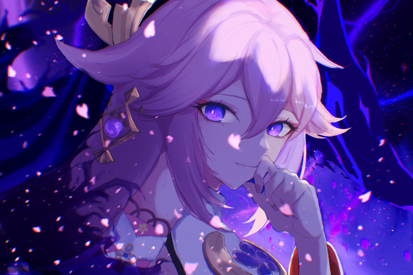 1girl animal_ears blurry closed_mouth dark_background depth_of_field falling_petals fox_ears genshin_impact hair_between_eyes hand_on_own_face highres light_smile long_hair looking_at_viewer nolc petals pink_nails portrait sidelocks solo violet_eyes vision_(genshin_impact) yae_miko