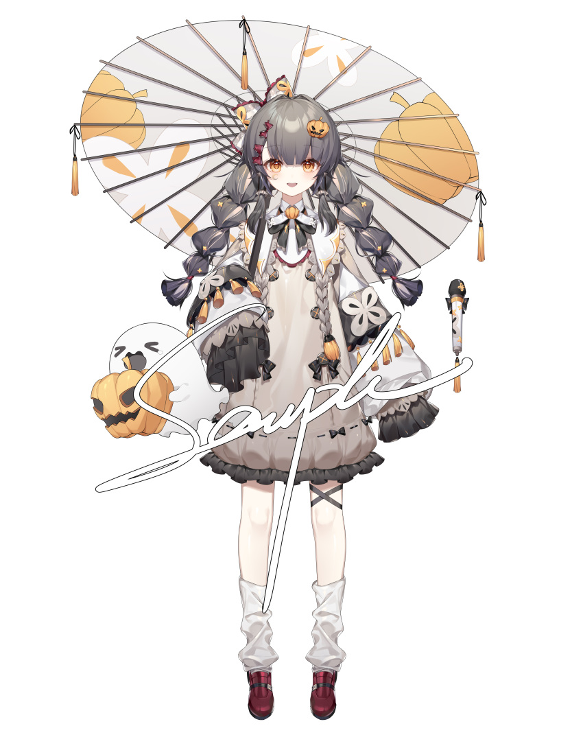 1girl :d absurdres black_bow black_bowtie blush bow bowtie braid dress flower food full_body ghost grey_bow grey_dress grey_hair grey_umbrella hair_bow hair_flower hair_ornament highres holding holding_food holding_pumpkin holding_umbrella holding_vegetable jack-o'-lantern jack-o'-lantern_hair_ornament lite_luyu loafers long_hair long_sleeves looking_at_viewer loose_socks low_twin_braids medium_dress microphone oil-paper_umbrella original puffy_long_sleeves puffy_sleeves pumpkin pumpkin_print red_bow red_footwear sample_watermark shoes sleeves_past_fingers sleeves_past_wrists smile socks solo standing tachi-e thigh_strap twin_braids twintails umbrella vegetable white_background white_socks yellow_eyes yellow_flower