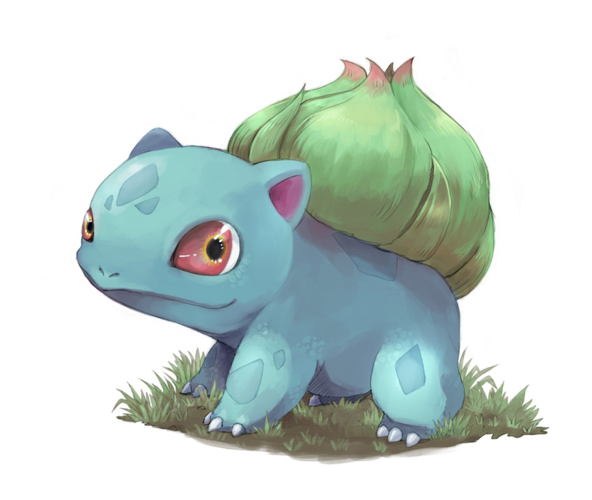 animal_focus bulbasaur claws closed_mouth grass no_humans nostrils pokemon pokemon_(creature) red_eyes satotsu scales simple_background solo white_background
