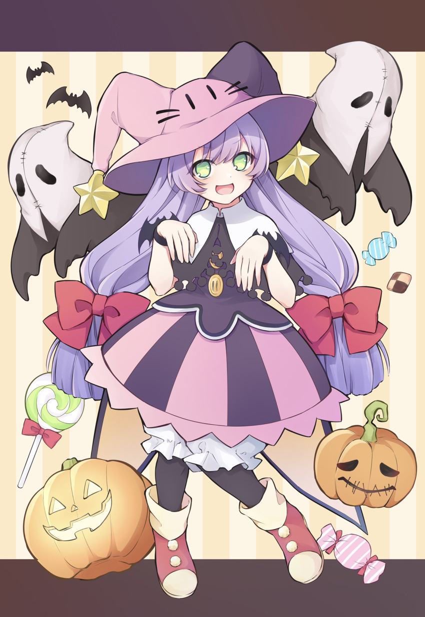 1girl :d animal_hat bat_(animal) blush bow bubble_skirt candy cat_hat collar commentary_request cookie dress food full_body ghost green_eyes hair_bow halloween hat hat_ornament hayamaro65 highres jack-o'-lantern lollipop long_hair looking_at_viewer low-tied_long_hair open_mouth outstretched_arms pico_(rune_factory) pink_bow pink_headwear pumpkin purple_dress purple_hair red_footwear rune_factory rune_factory_4 shoes skirt smile solo standing star_(symbol) star_hat_ornament striped striped_background swirl_lollipop v-shaped_eyebrows very_long_hair white_collar witch_hat wrist_cuffs zombie_pose