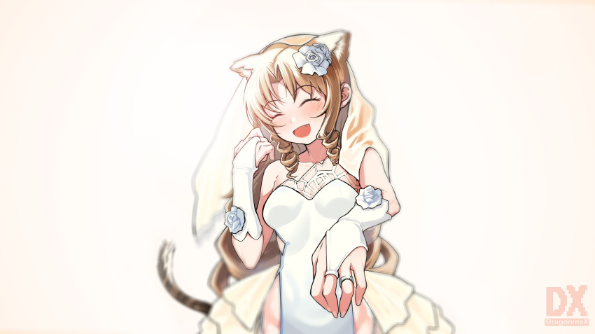 1girl absurdres animal_ears arknights blonde_hair breasts bride curly_hair fang highres jewelry looking_at_viewer medium_breasts outstretched_hand ring solo swire_(arknights) tail thigh-highs tiger_ears tiger_girl tiger_tail wedding_ring white_thighhighs
